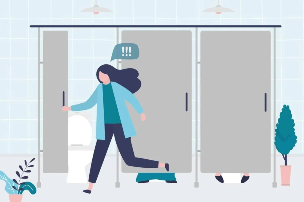 graphic of Urine incontinence Telford woman running to the toilet.
