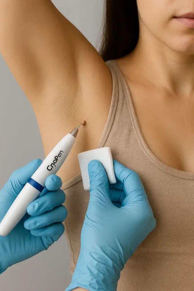 woman having cryopen to remove underarm skin tags Telford