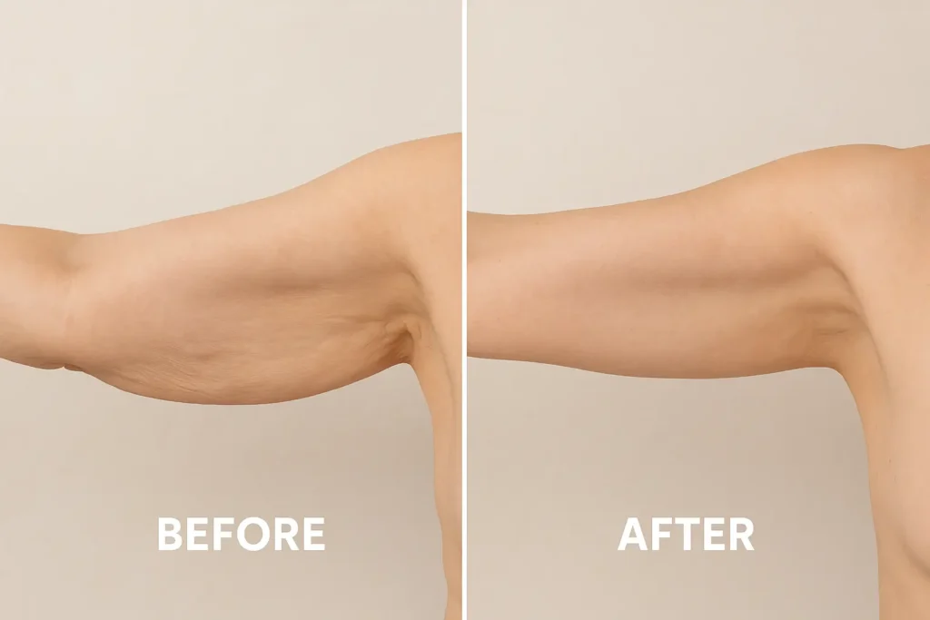 Picture of LA LIPO Telford before and after results of skin tightening treatment on the upper arms.