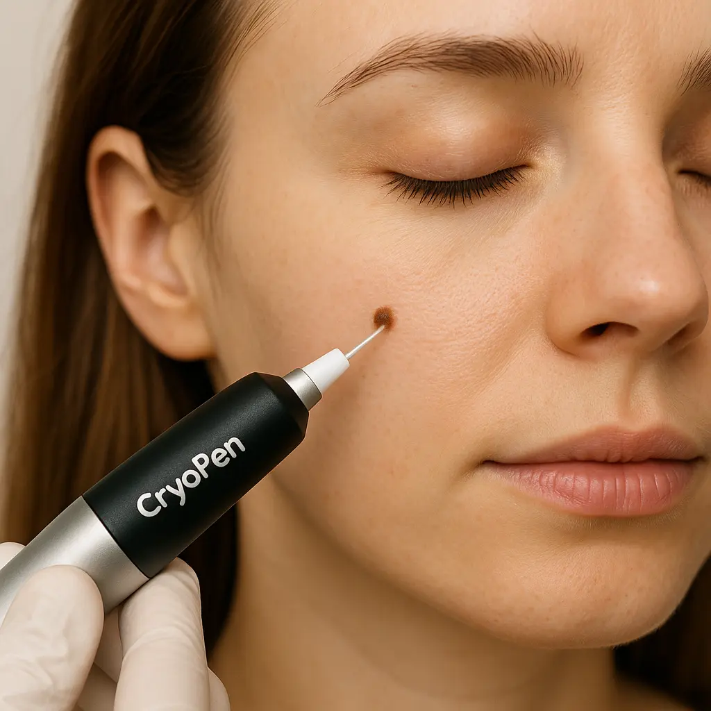 woman receiving facial mole removal Telford using cryopen