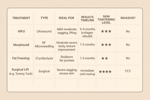 Table showing the comparisons of Skin tightening Telford treatment options.